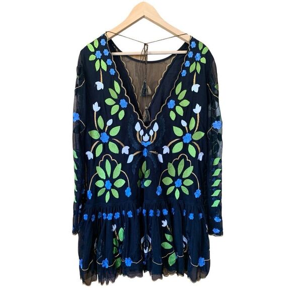 Free People Hearts Are Wild Embroidered Mini Dress Black Multi Size XS - Picture 4 of 12